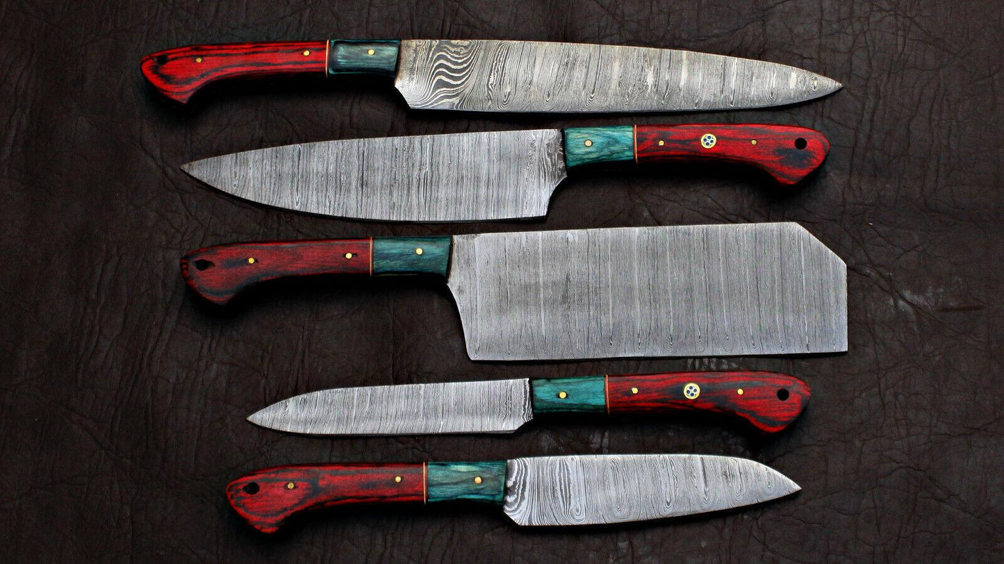 Full Damascus chef knife set arranged for display, featuring five unique custom kitchen knives for professional culinary use.