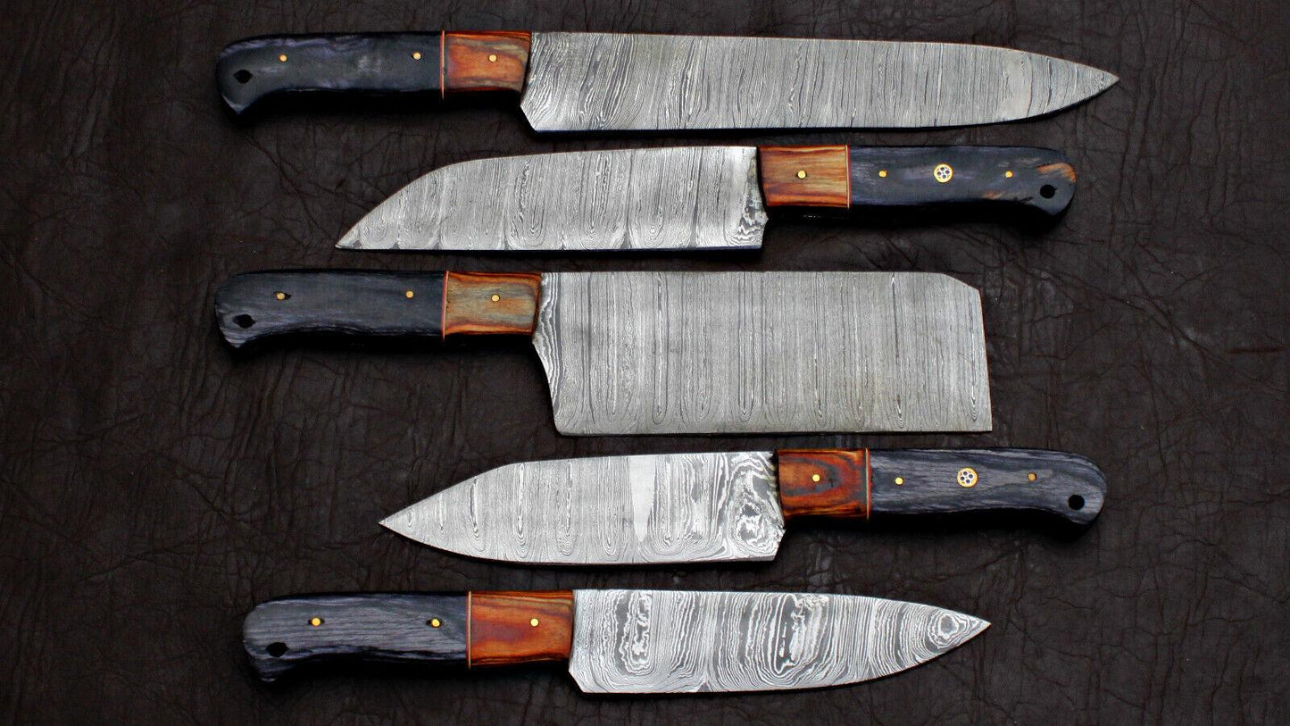 Professional Damascus chef knife set displayed in a kitchen, perfect for precision cutting and culinary preparation.