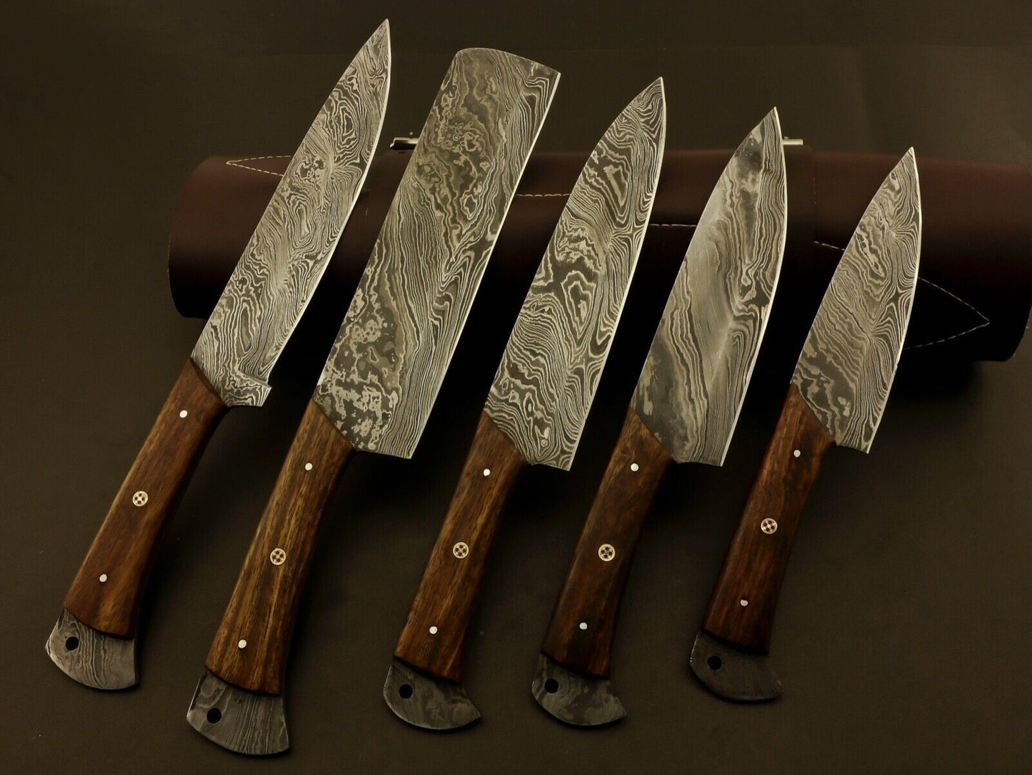 Handmade 5 piece Damascus steel chef knife set with hand forged 512 layer blades and a premium leather carrying case.