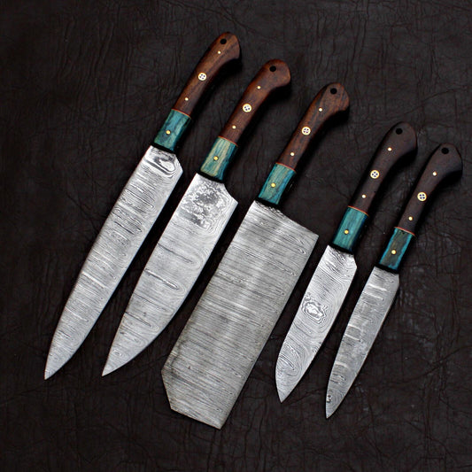 5 Pieces Custom Handmade Damascus Chef Knife Set | Premium Damascus Steel Kitchen Knives Black Beer