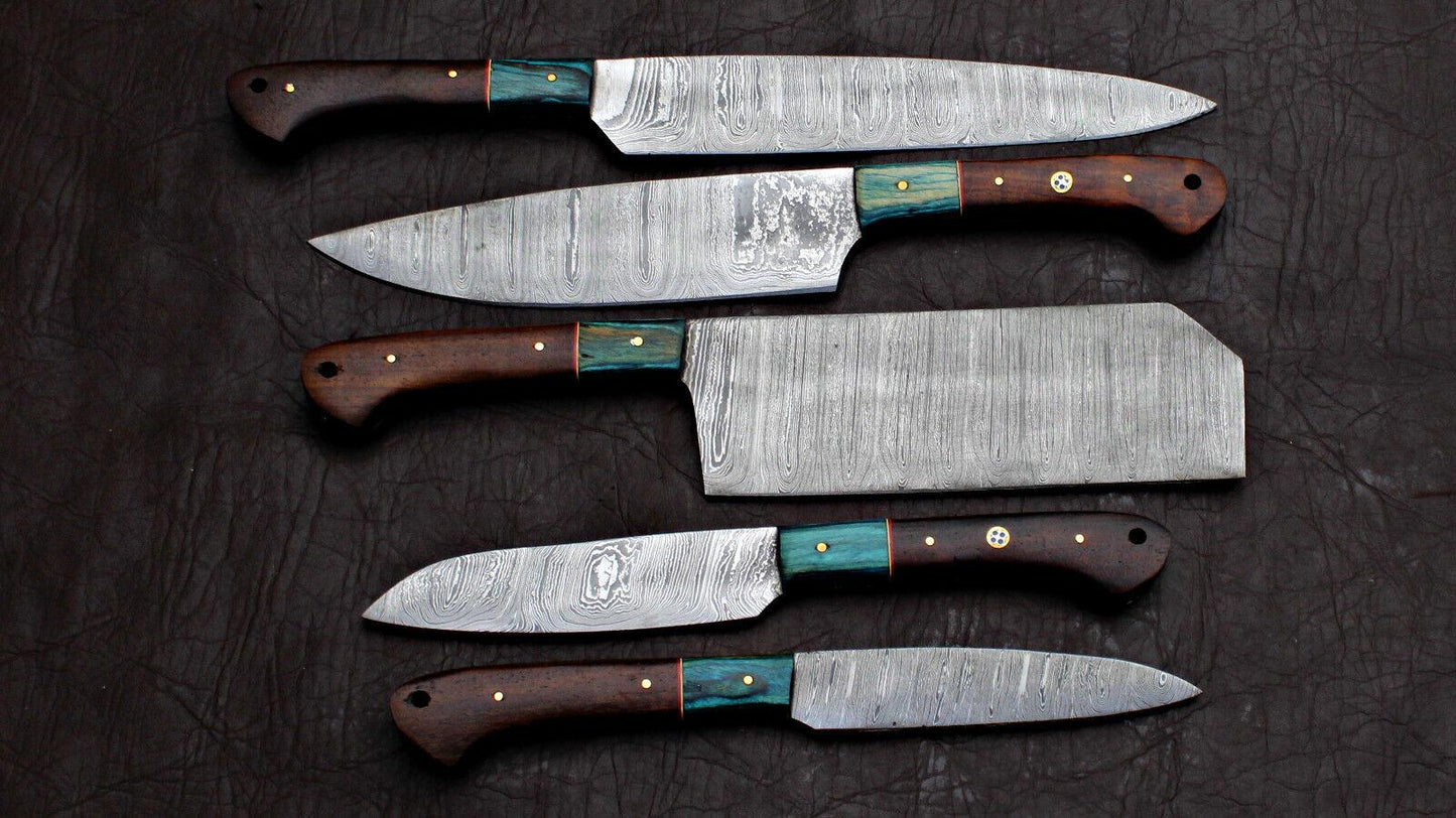 5 Pieces Custom Handmade Damascus Chef Knife Set | Premium Damascus Steel Kitchen Knives Black Beer