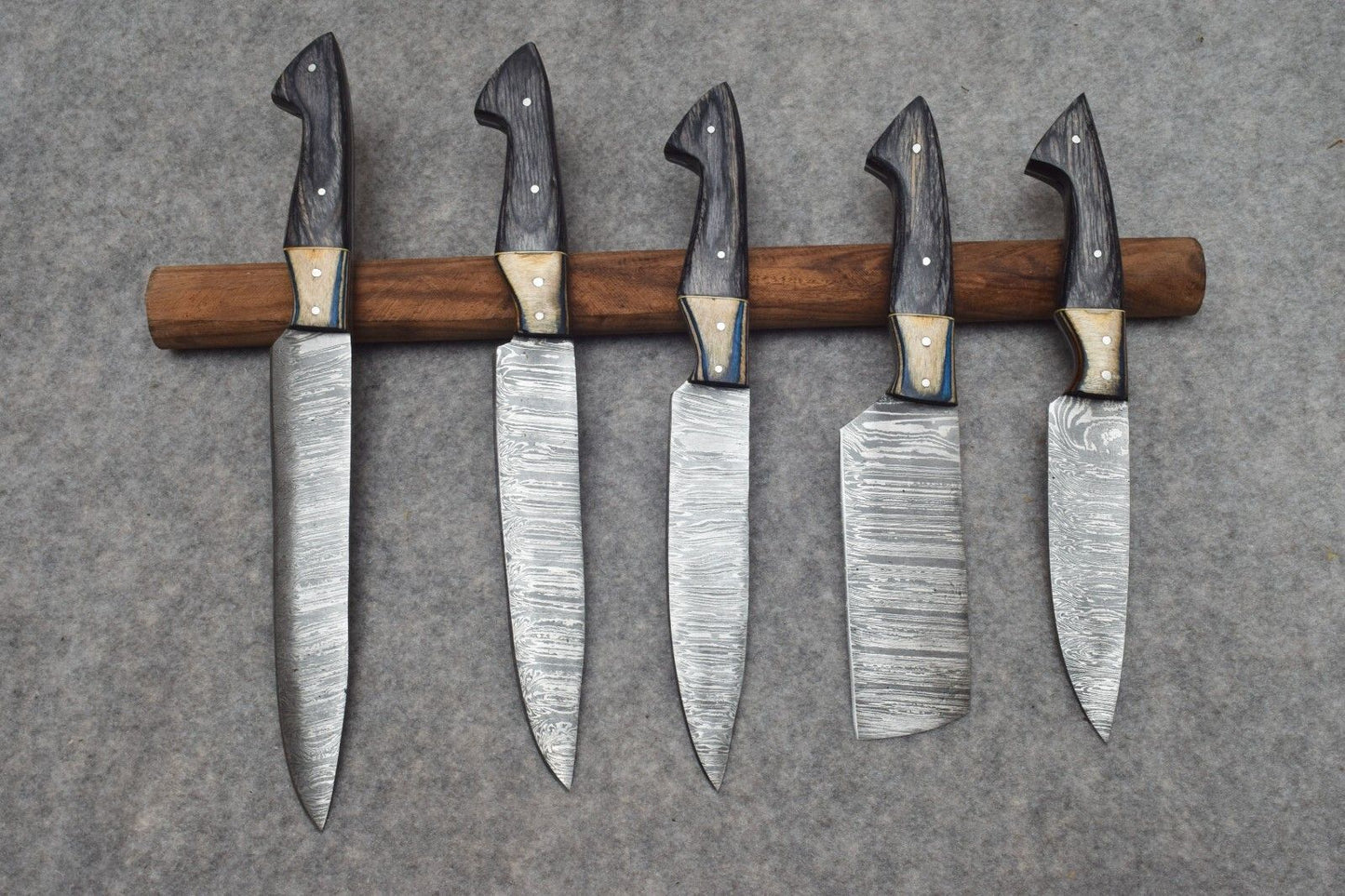 Complete 5 pieces handmade Damascus kitchen knife collection, varying from 8 to 12 inches for versatile culinary tasks.