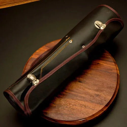 Rolled brown leather storage bag designed for carrying 5 pieces professional culinary chef knives