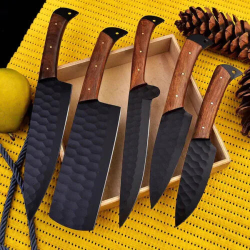 Professional culinary kitchen knife collection with black coated blades and detailed pakka wood grips