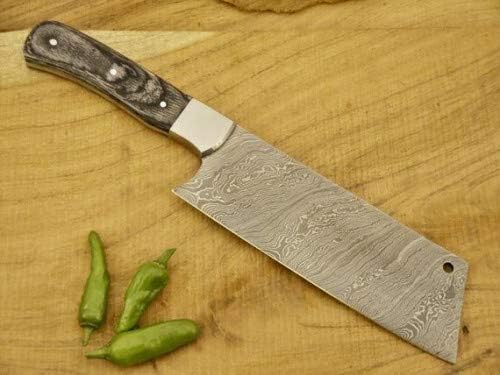Close up of Damascus cleaver knife with pakka wood handle