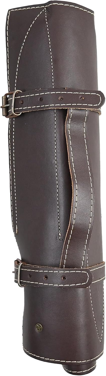 leather knife roll case closed and rolled up with two buckle straps for storing the five piece set