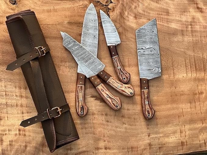 5 pieces Damascus knife set with leather roll case on wood board