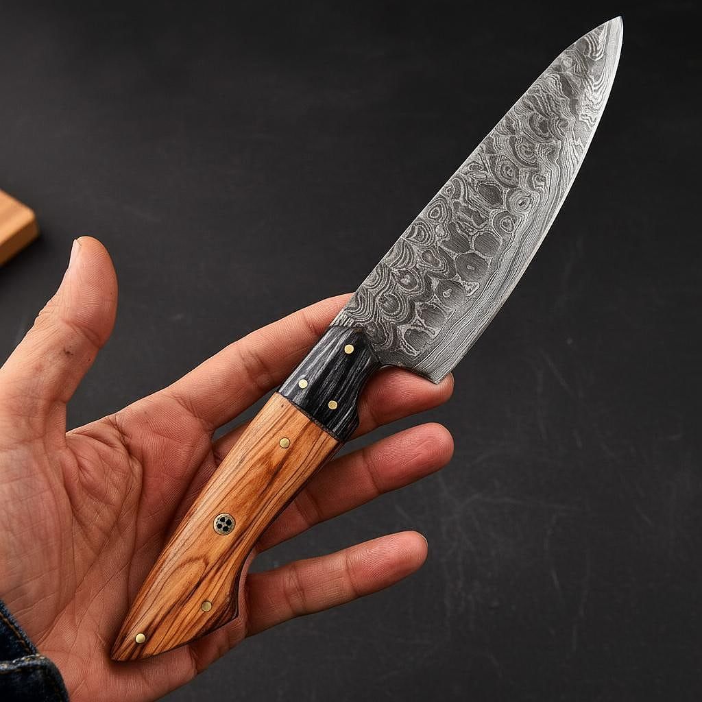 Close up view of ergonomic wood handle and steel bolster on handmade Damascus chef knife.