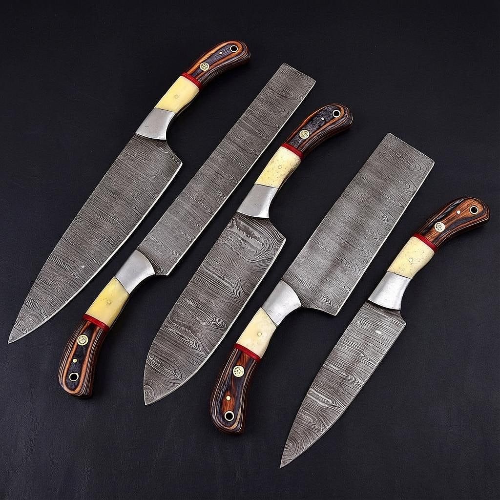 Hand forged Damascus steel knife handle showing ergonomic grip and authentic wood grain finish.
