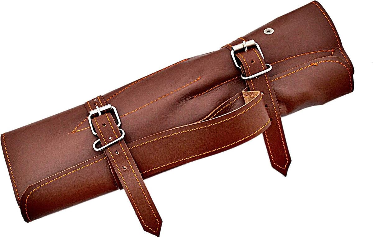 Brown leather knife roll rolled shut with two steel buckles and orange stitching