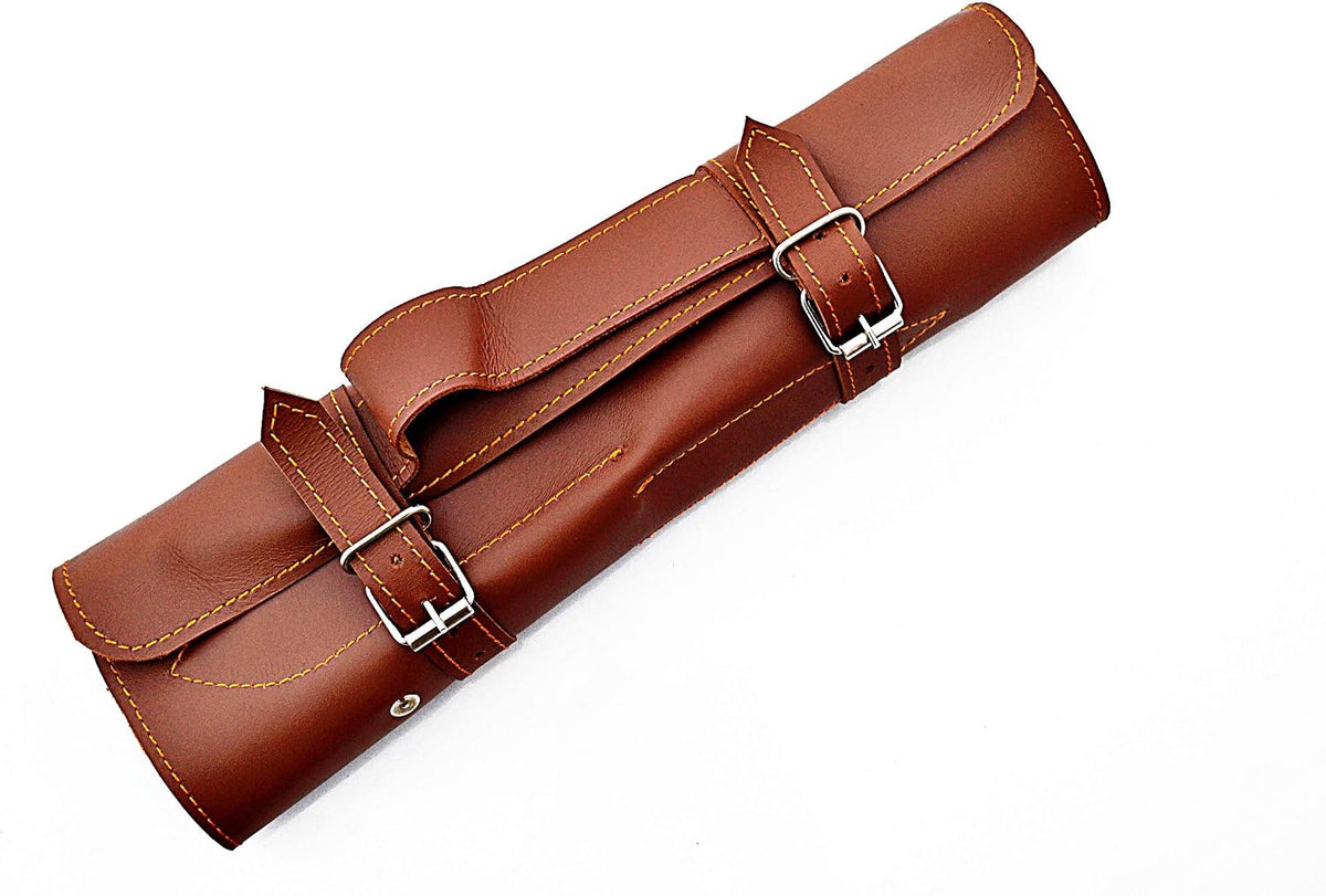Brown leather knife roll rolled shut with two steel buckles and orange stitching