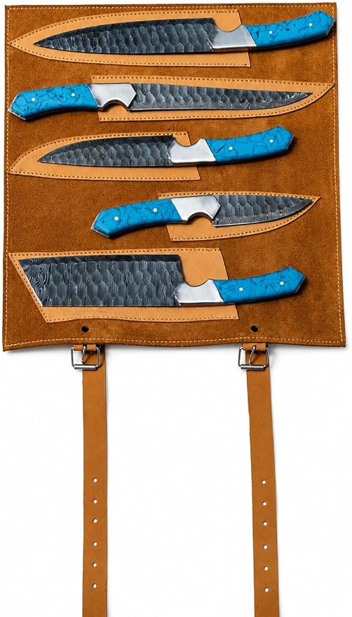 5 piece Damascus knife set with blue handles laid out beside sheaths on strap panel