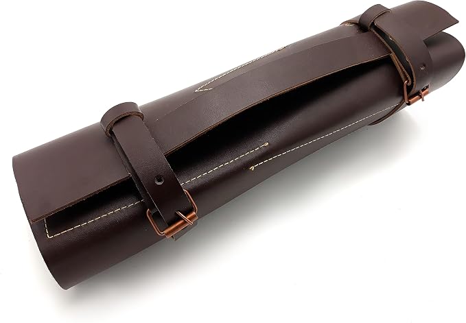 Closed brown leather roll case with straps