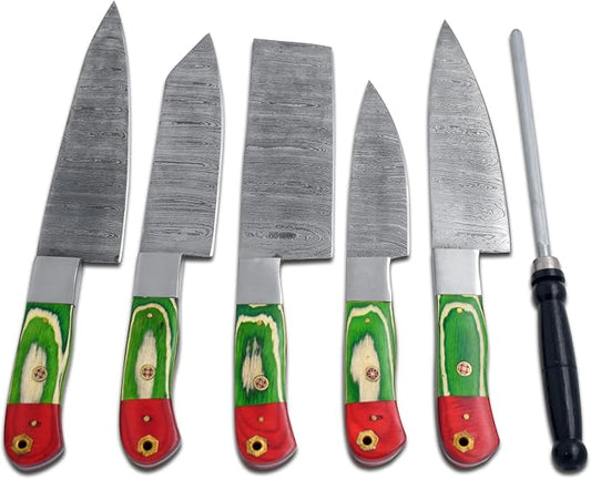 Five Damascus steel kitchen knives arranged in a fan with decorative brass pin handles