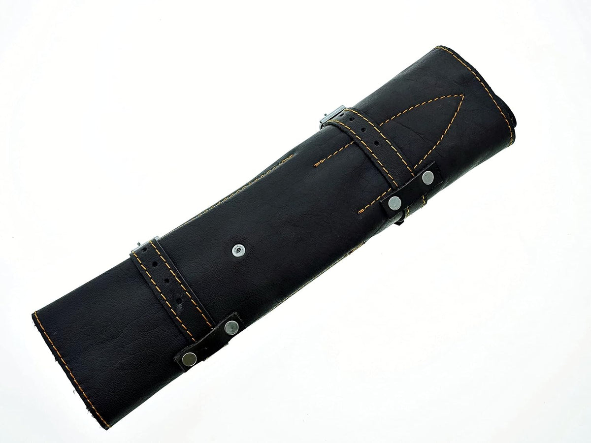 Closed black leather roll case with buckle straps