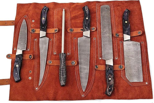 Leather storage roll holding 5 Damascus kitchen knives and a matching sharpening rod