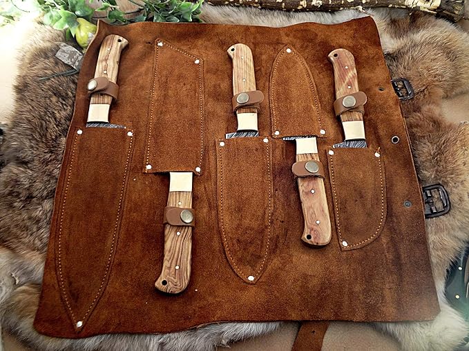 5 Pieces Damascus Chef Knife Set in Leather Roll with Covers