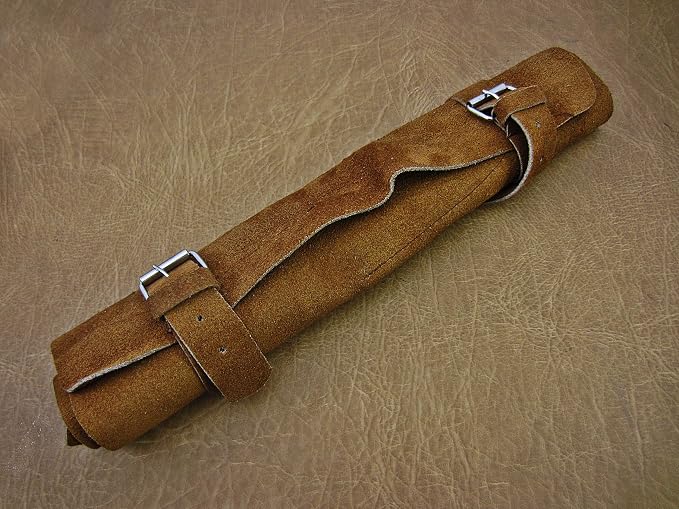 Closed tan suede leather roll case with buckle straps