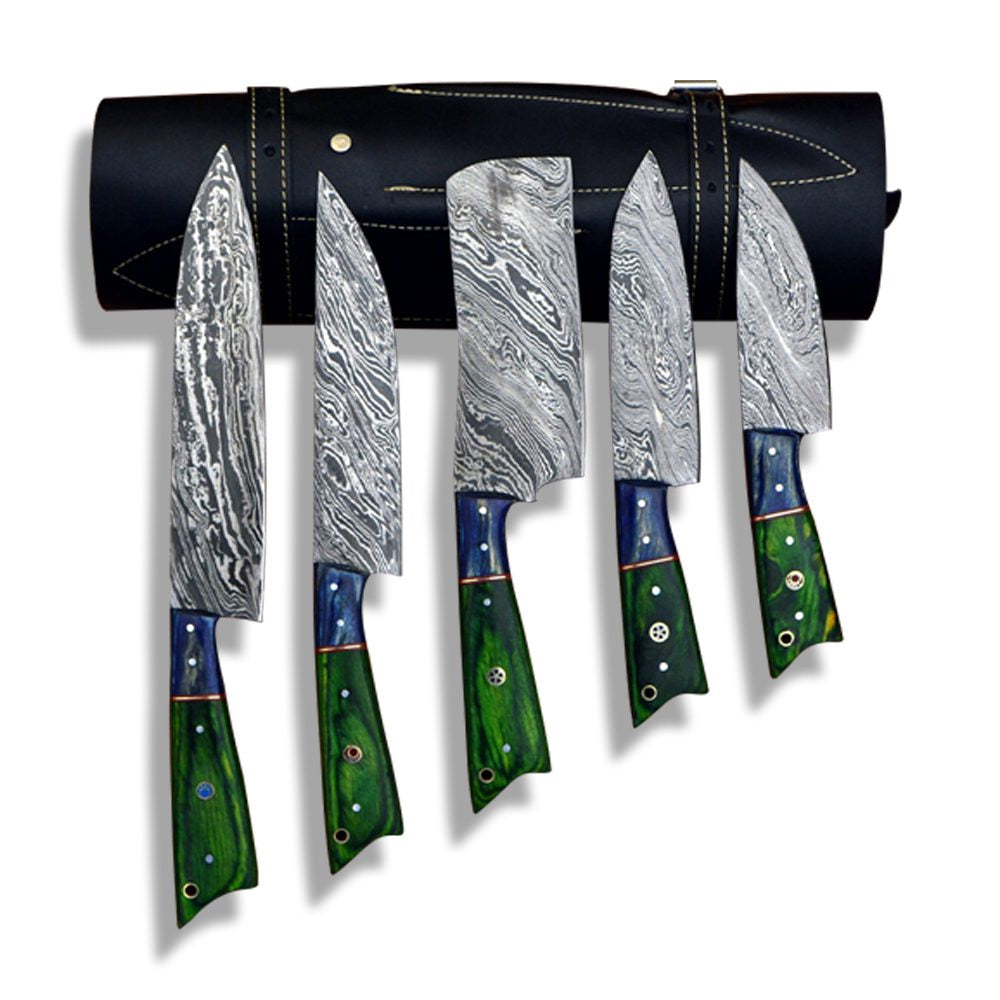 5 pcs Damascus steel cooking knives with green pakka wood handles hanging next to a rolled bag