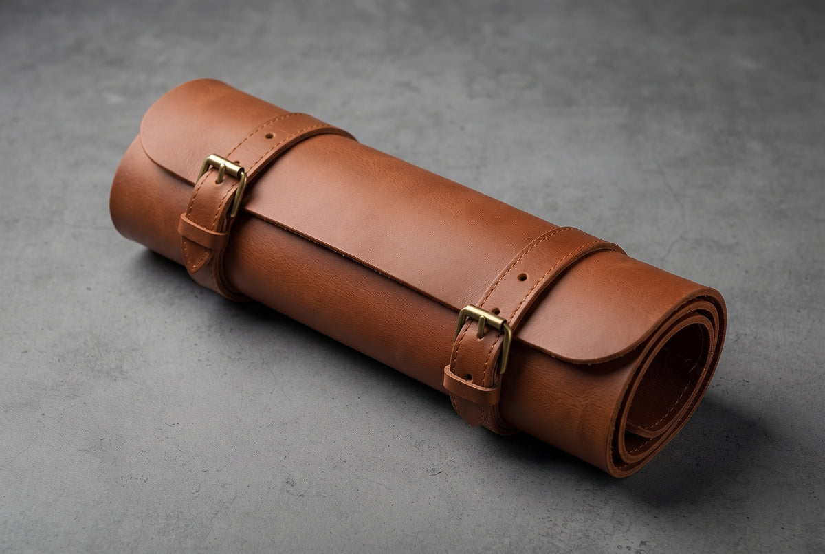 Leather roll case for 5 piece Damascus knife set