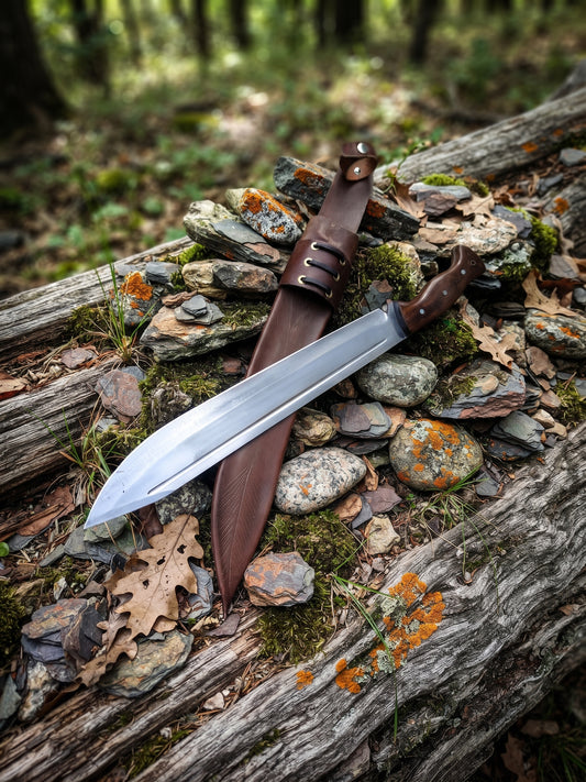 Large stainless steel fixed blade knife with contoured Pakka Wood handle