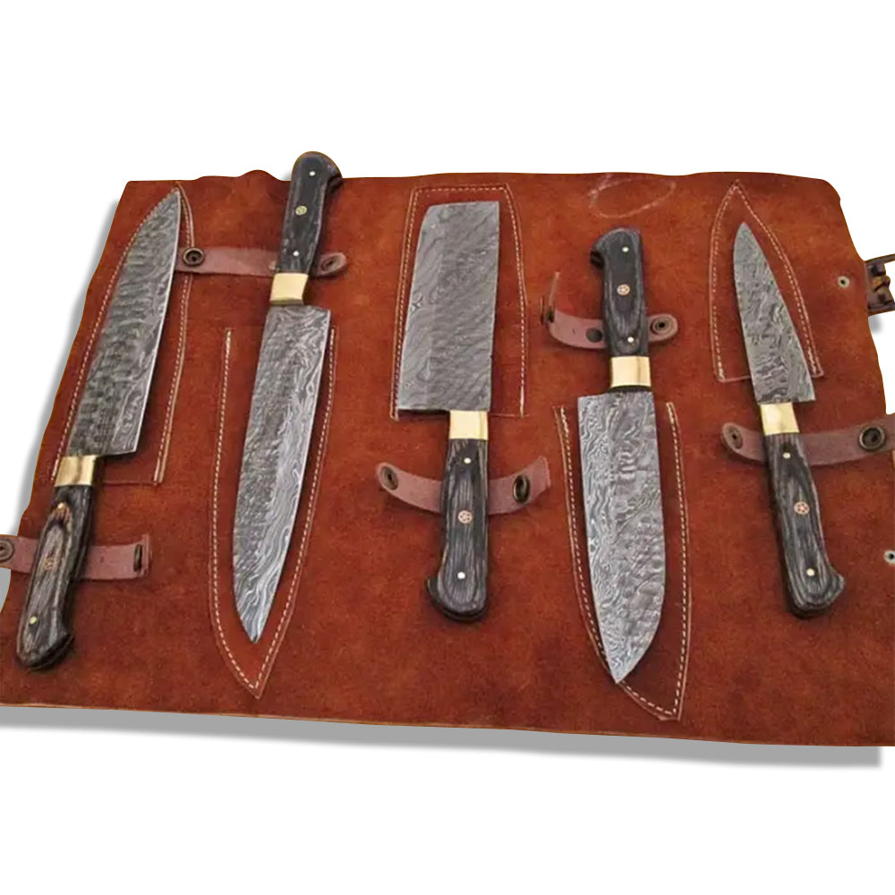 Damascus chef knife set in rust leather roll with individual sheaths
