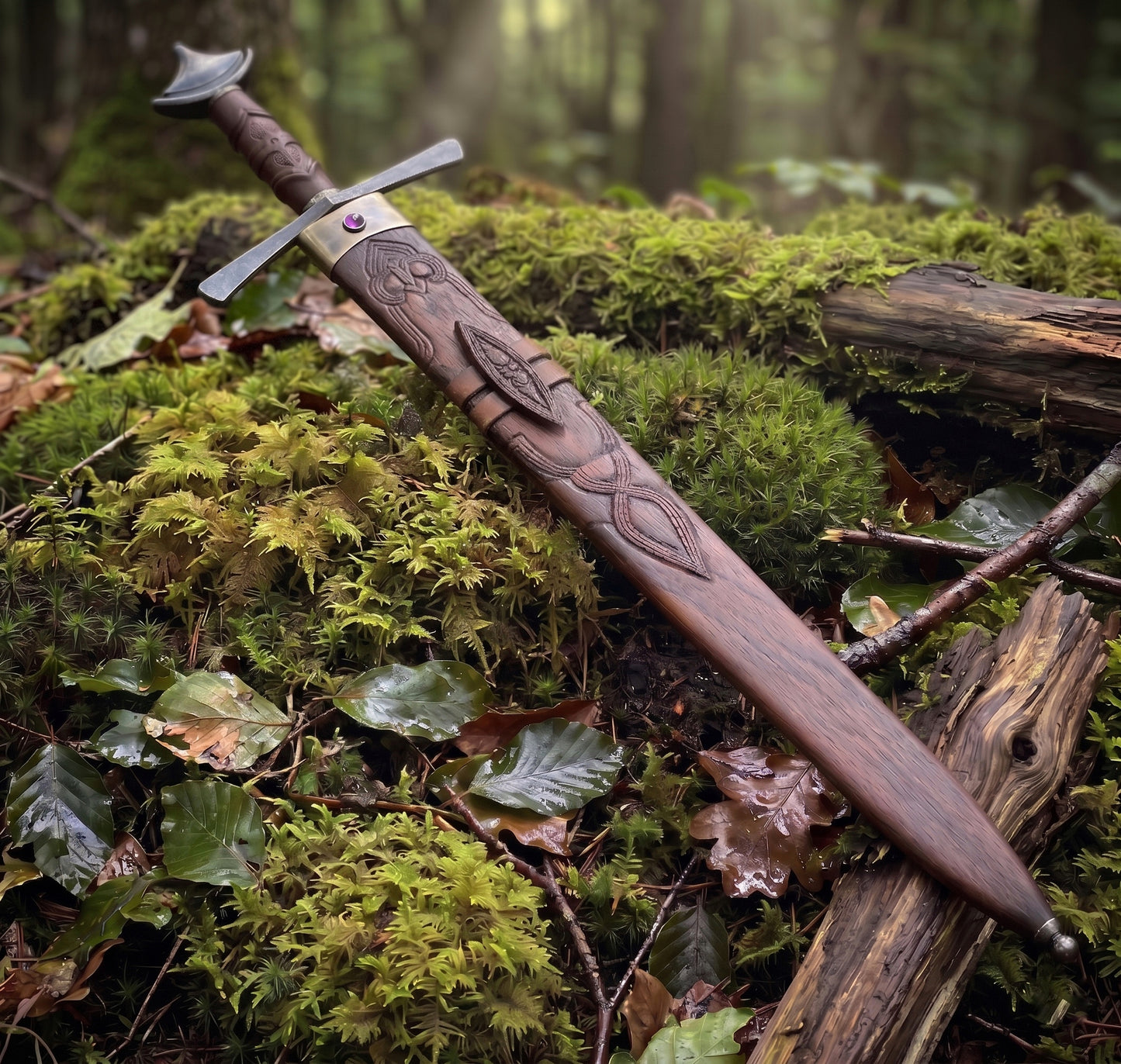 Medieval Knight Sword Damascus Steel Longsword with Carved Wood Scabbard, Engraved Fantasy Greatsword for Cosplay