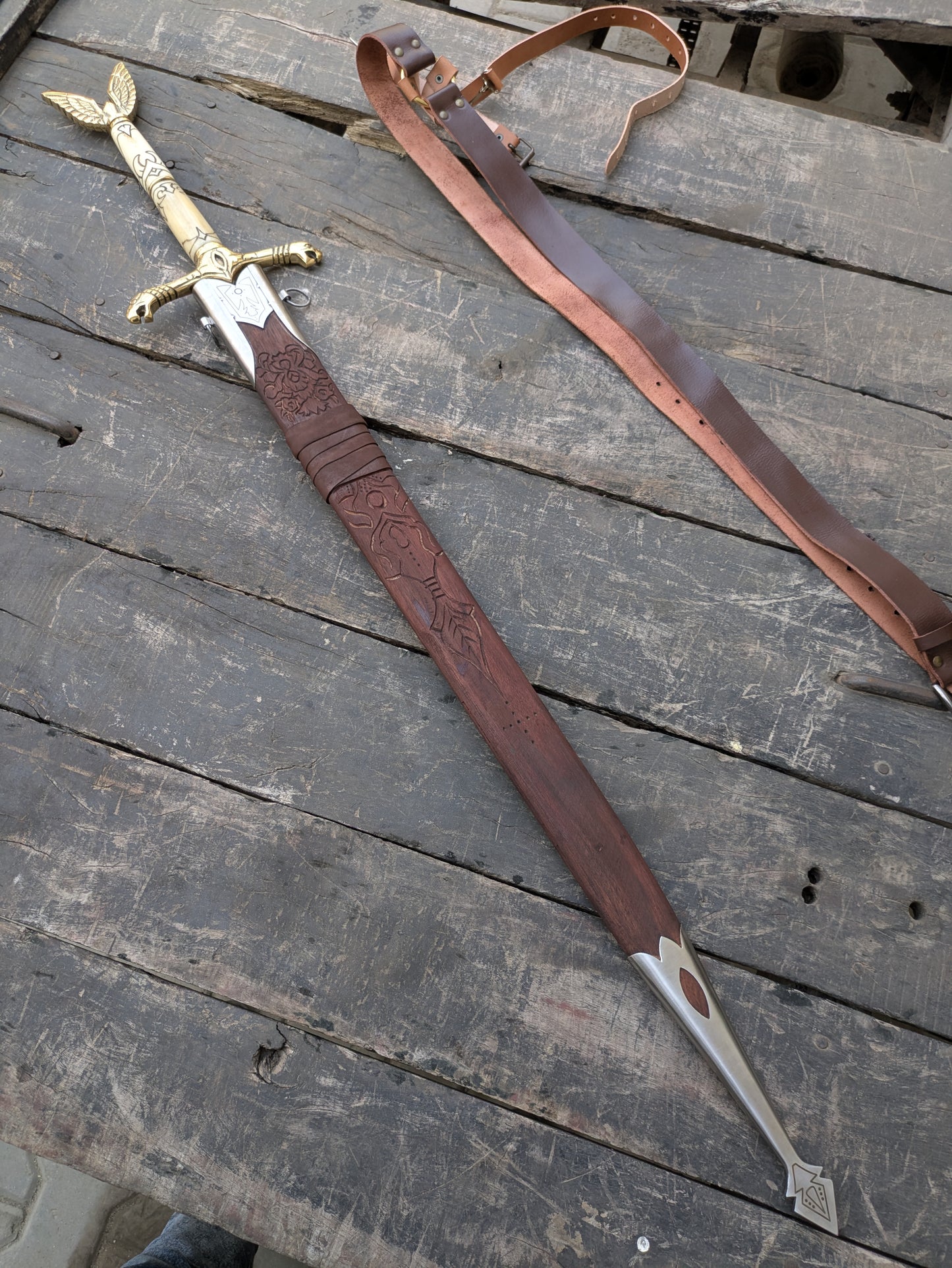 Premium 42" Damascus Steel Longsword with Sculpted Bone Handle, Brass Dragon Hilt & Carved Ash Wood Scabbard