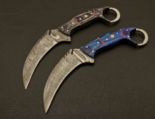 Pair of Damascus Steel Karambit Knives with Sheath, Karambit Knife