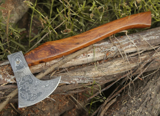 Custom Hand-Forged Damascus Steel Axe With Leather Sheath, Darkwood Handle & Leather Sheath