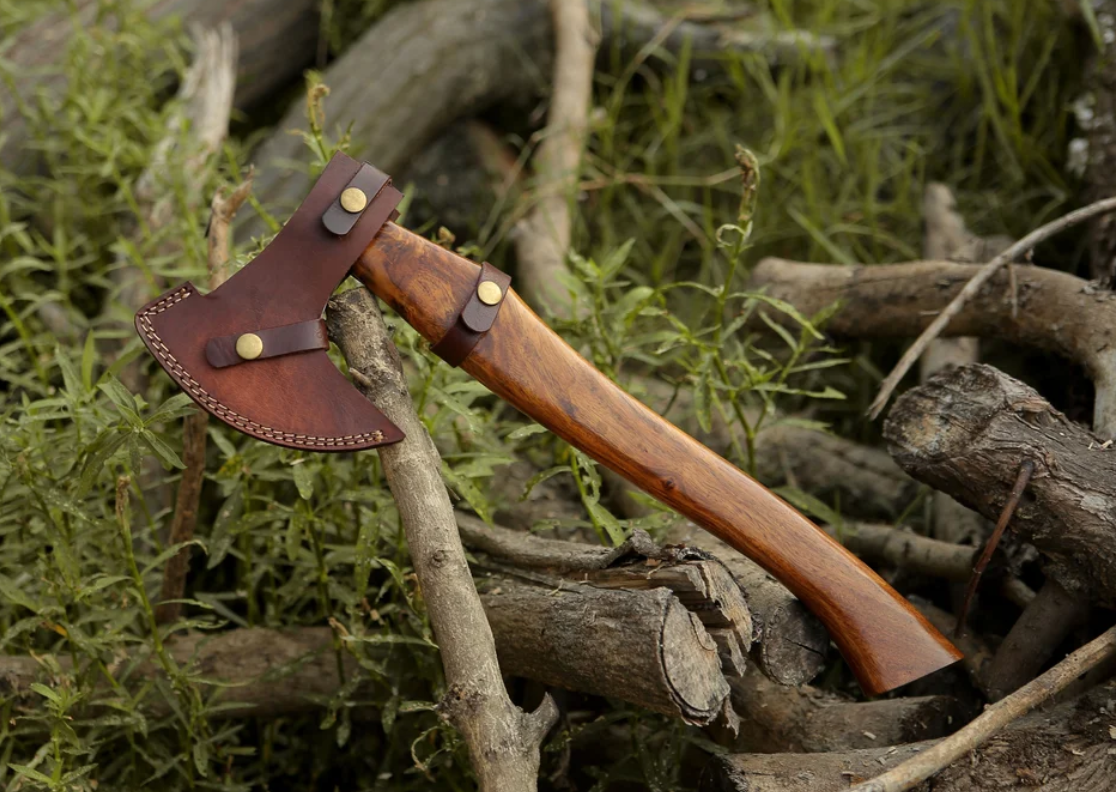 Custom Hand-Forged Damascus Steel Axe With Leather Sheath, Darkwood Handle & Leather Sheath