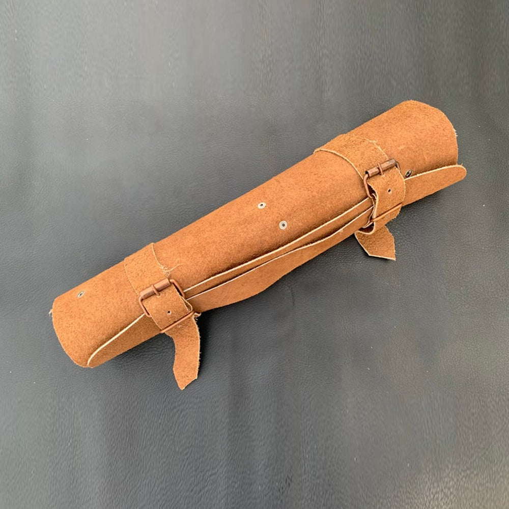 Tan leather knife roll case with buckle straps for 6 piece knife set
