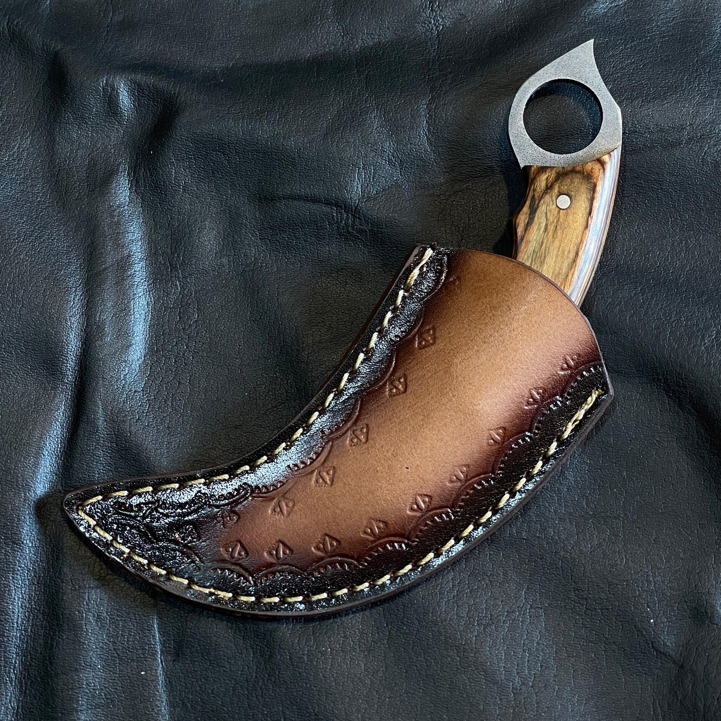 Custom Handmade Damascus Steel Karambit Knife, 8" Wood Handle & Leather Sheath