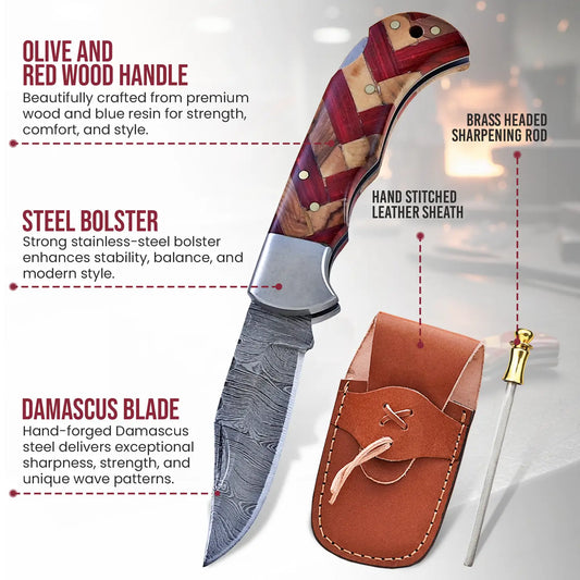 Hand-Forged Damascus Steel Pocket Knife | Olive & Red Wood Handle with Sheath & Sharpening Rod