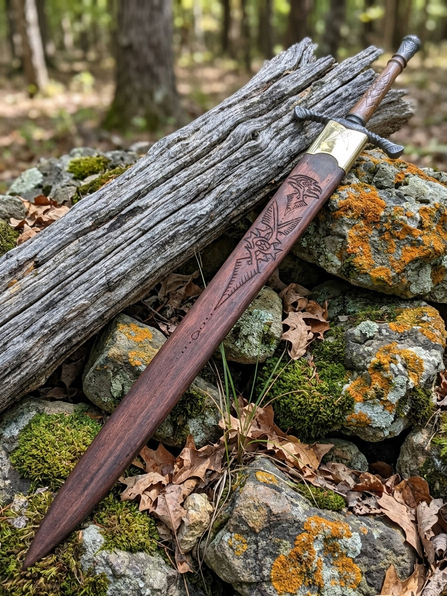 Hardwood sword handle with carved decorative detailing