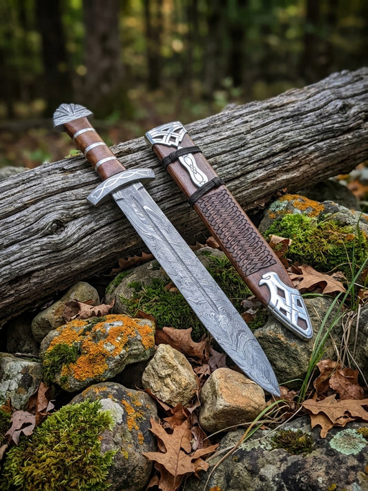 Damascus steel Viking inspired sword with hardwood handle, silver spacers and engraved hardwood scabbard displayed on woodland rocks