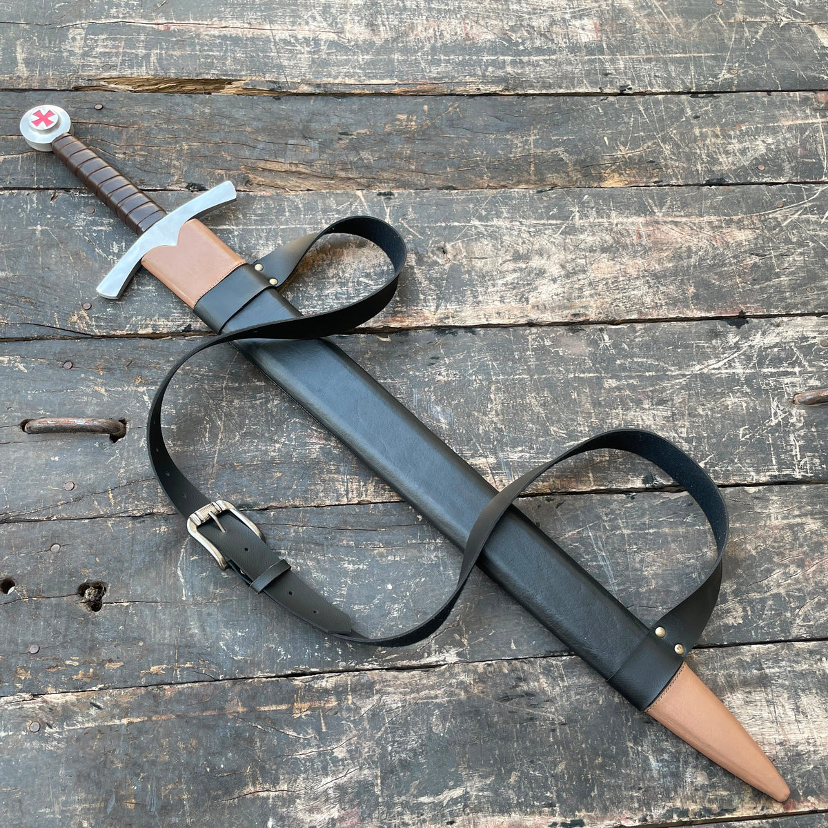 40" Medieval Knights Templar Cross Sword – Carbon Steel Cosplay & Fantasy Prop with Leather Scabbard & Belt