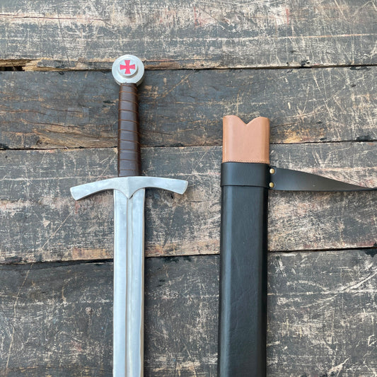 40" Medieval Knights Templar Cross Sword – Carbon Steel Cosplay & Fantasy Prop with Leather Scabbard & Belt