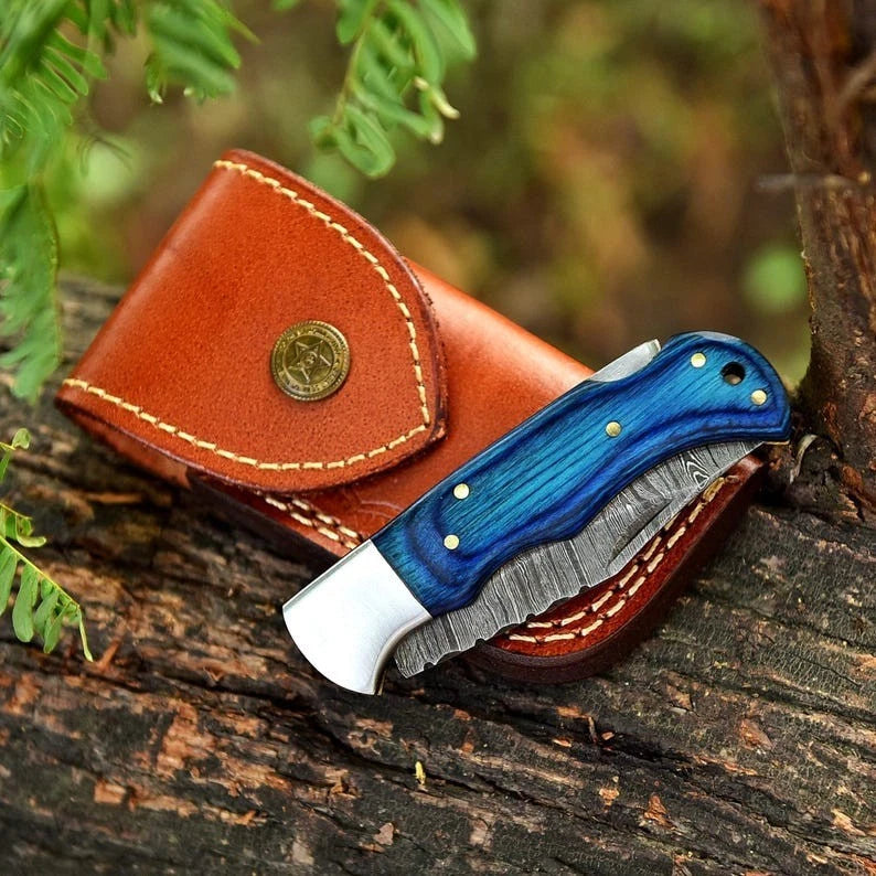 Handmade Damascus Steel Folding Pocket Knife | Blue Dollar Sheet Handle with Leather Sheath