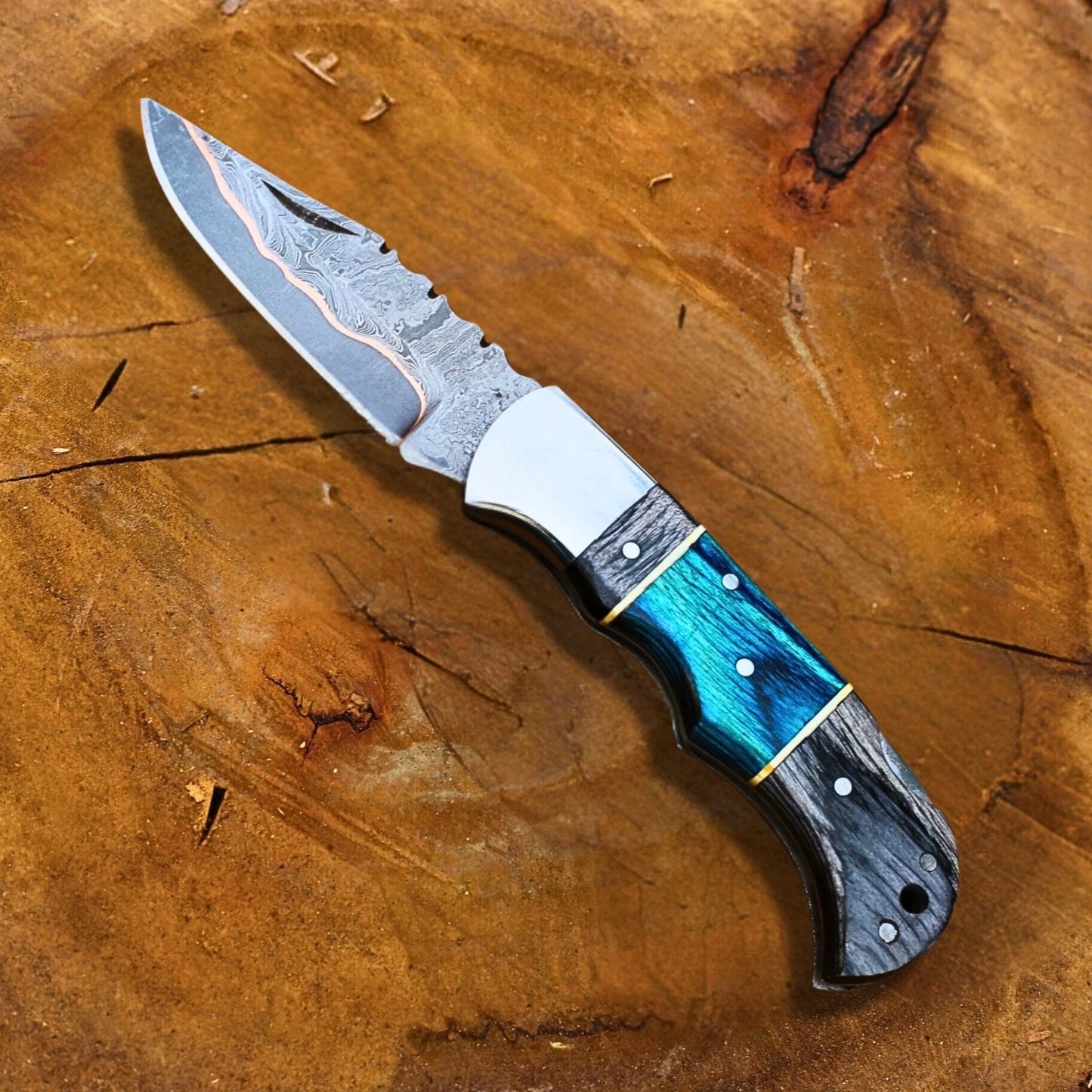 Handmade Copper Damascus Folding Knife, Pakka Wood Handle EDC Pocket Knife