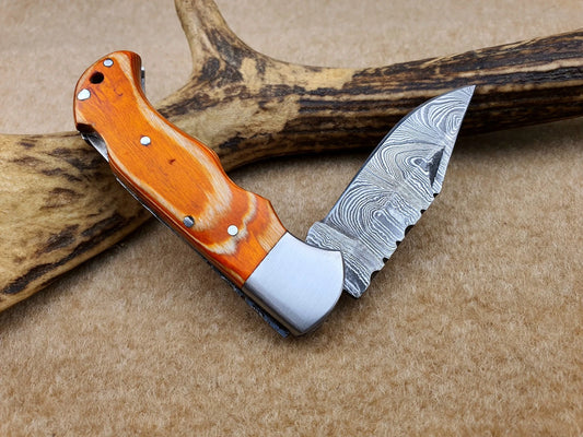 CUSTOM Handmade Damascus Pocket Knife, Folding Knife with sheath