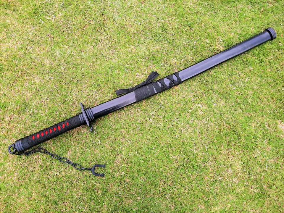 Handcrafted Japanese Katana Sword in Black, Leather Wrap Scabbard