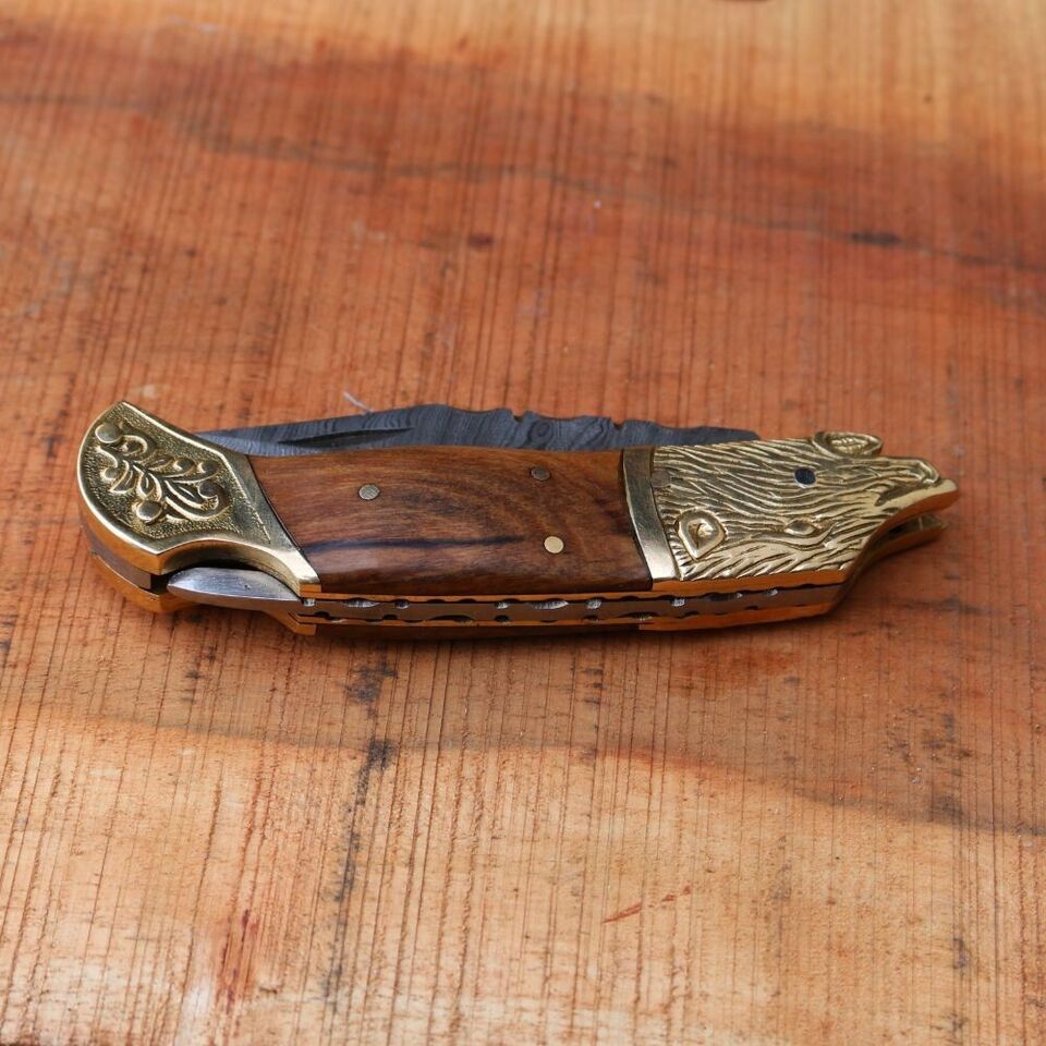 8″ Custom Damascus Pocket Knife – Folding Blade with 4″ Damascus Steel, Wood Handle, Bronze Lion Head – Handmade EDC Knife with Sheath
