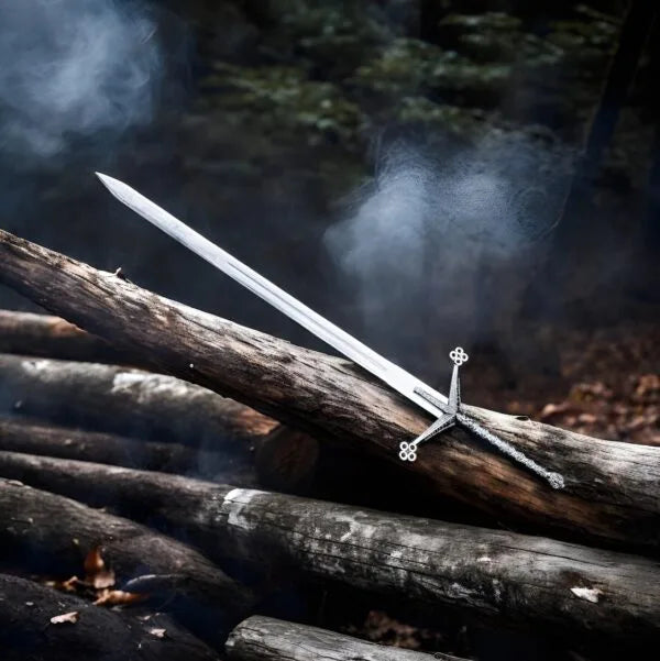 Lying on logs, with smoke: Handmade Scottish Claymore Sword, Full Length View