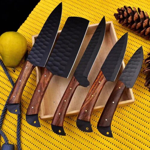 5 pieces high carbon steel chef knife set featuring black hammered blades and smooth pakka wood handles