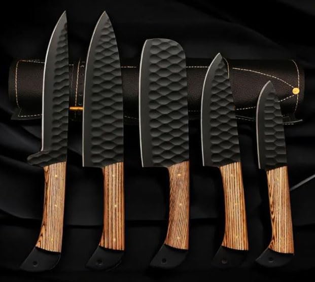 Black kitchen knife set of five with ashwood handles against a leather roll
