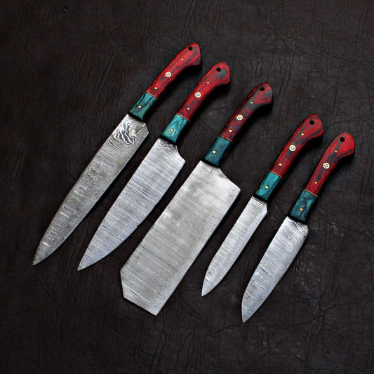 5 pc Black Beer custom handmade Damascus chef knife set, showing professional steel patterns and ergonomic handles.