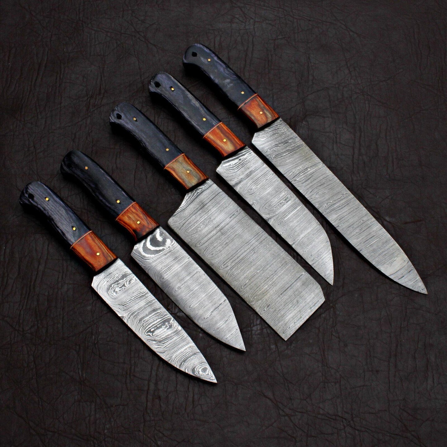 Black Beer 5 pc custom handmade Damascus chef knife set featuring patterned steel blades and ergonomic handles.