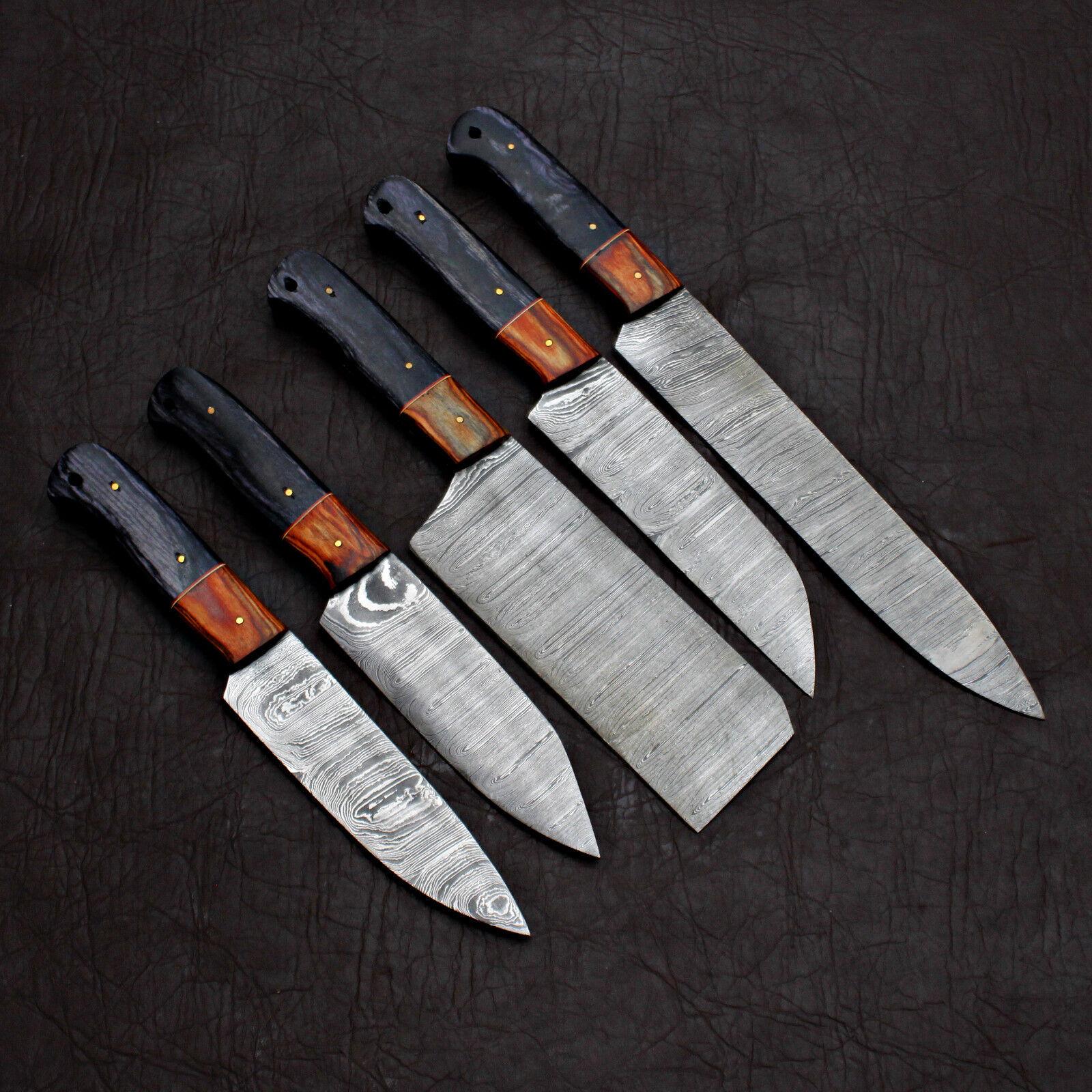 Black Beer 5 pc custom handmade Damascus chef knife set featuring patterned steel blades and ergonomic handles.