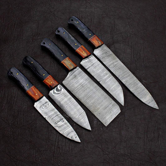 Black Beer 5 pc custom handmade Damascus chef knife set featuring patterned steel blades and ergonomic handles.